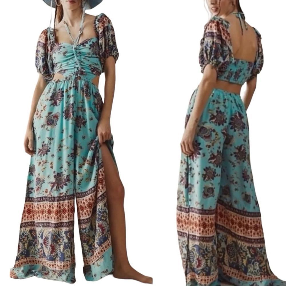 Free People Women’s Bali Citrus Skies Paisley Smocked Jumpsuit Blue XS
